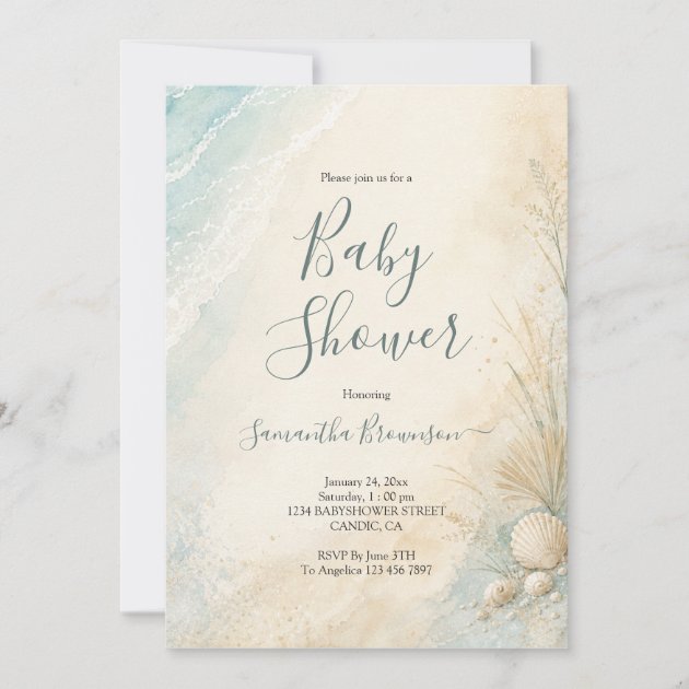 Sandy Coastal Seashell Baby Shower Invitation
