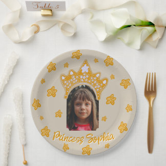 Sandy Cream Princess Crown Floral Photo Birthday Paper Plates