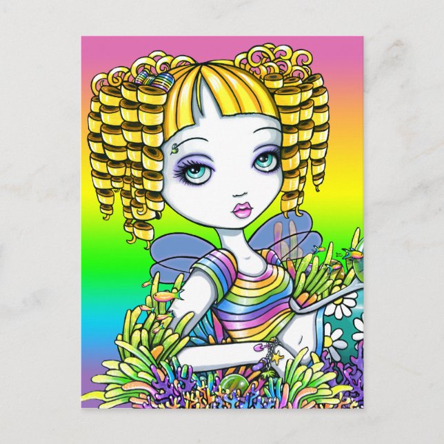 "Sandy" Cute Rainbow Mermaid Fairy Art Postcard (Front)