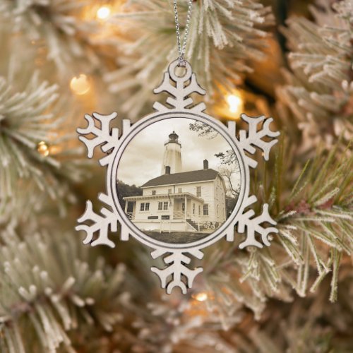 Sandy Hook Lighthouse Snowflake Pewter Christmas Ornament