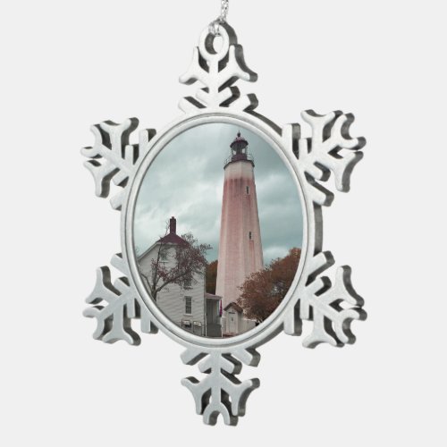 Sandy Hook Lighthouse Snowflake Pewter Christmas Ornament