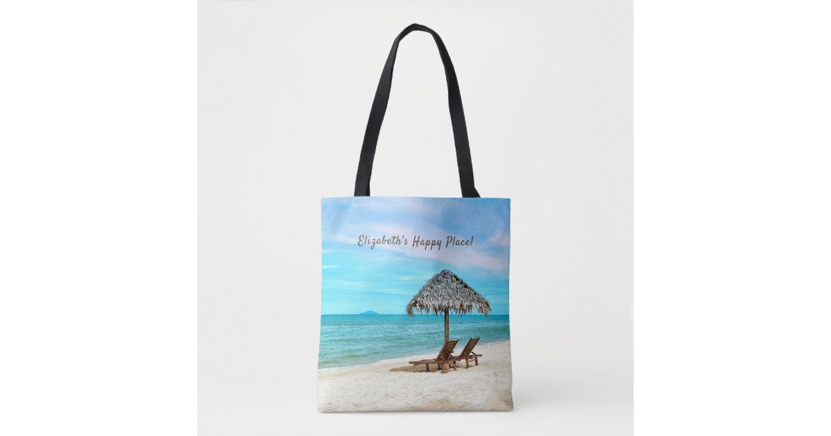 Sandy Beach With Palm Trees And Small Tote Bag
