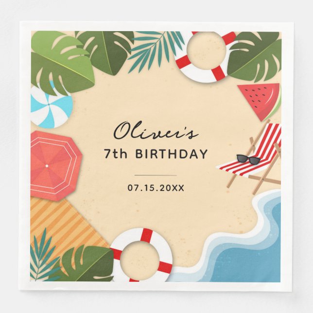 Sandy Ocean Beach Summer Fun Birthday Party Paper Dinner Napkins (Front)