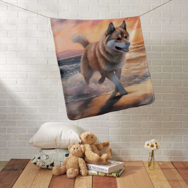 Sandy Paws Akita Dog on Beach Sunset Baby Blanket (In Situ)