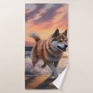 Sandy Paws Akita Dog on Beach Sunset Bath Towel Set