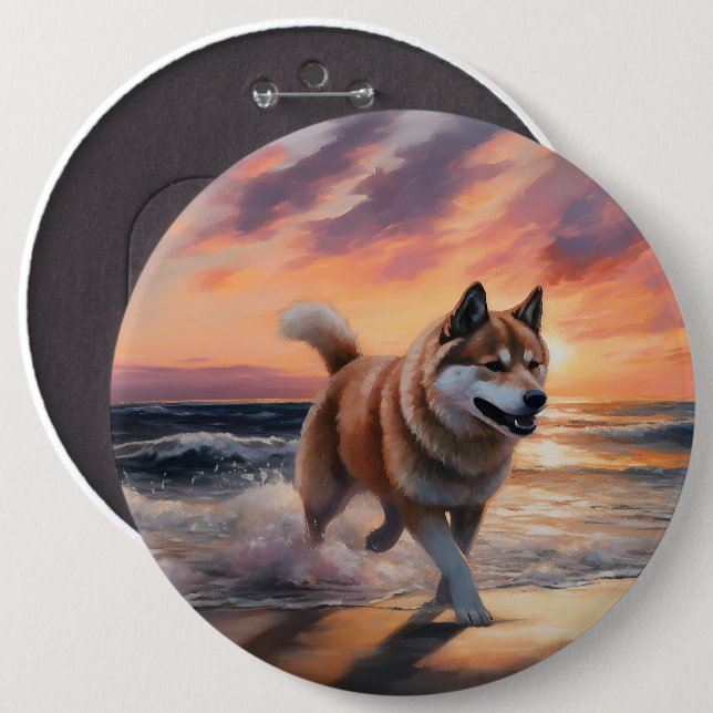 Sandy Paws Akita Dog on Beach Sunset Button (Front & Back)