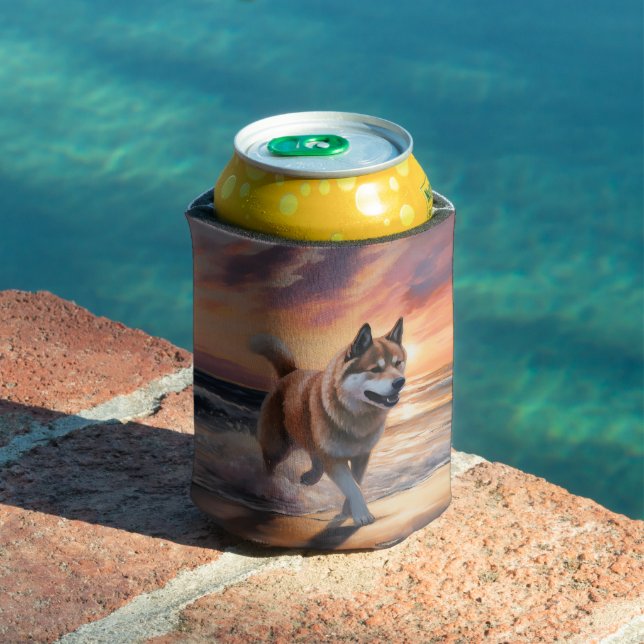 Sandy Paws Akita Dog on Beach Sunset Can Cooler (In Situ Pool)