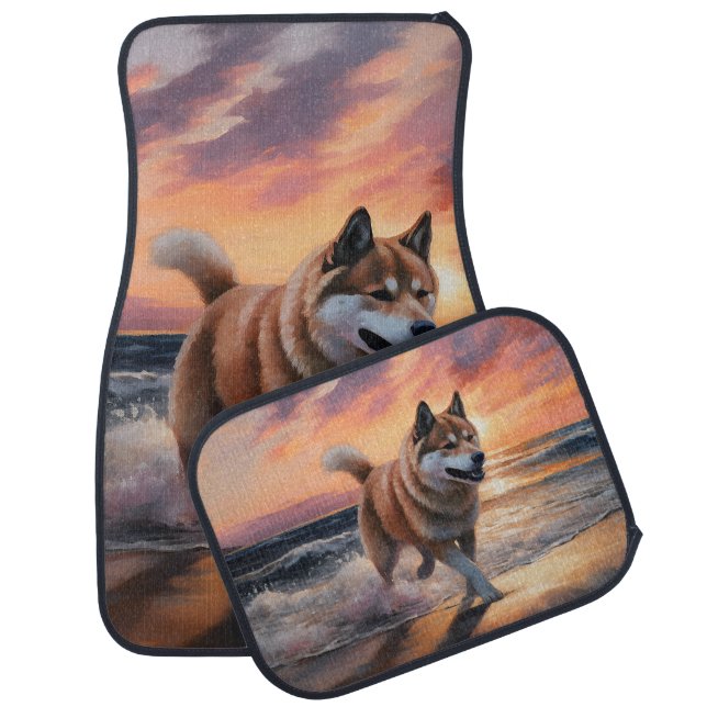 Sandy Paws Akita Dog on Beach Sunset Car Floor Mat (Set)