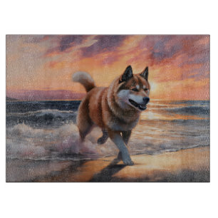 Sandy Paws Akita Dog on Beach Sunset Cutting Board