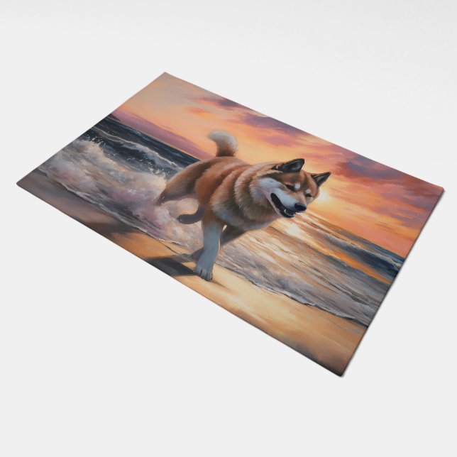 Sandy Paws Akita Dog on Beach Sunset Doormat (Angled)