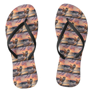 Sandy Paws Akita Dog on Beach Sunset Flip Flops