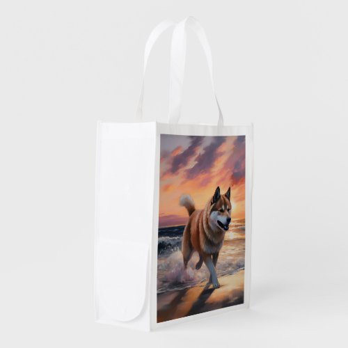 Sandy Paws Akita Dog on Beach Sunset Grocery Bag