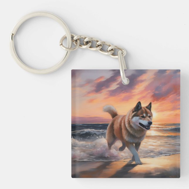 Sandy Paws Akita Dog on Beach Sunset Keychain (Front)