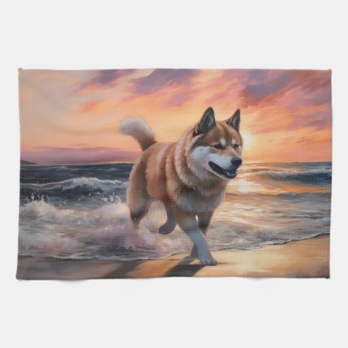 Sandy Paws Akita Dog on Beach Sunset Kitchen Towel