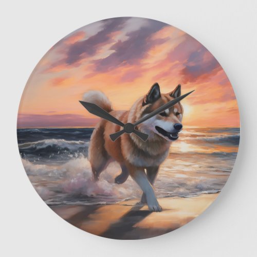 Sandy Paws Akita Dog on Beach Sunset Large Clock