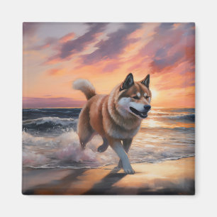 Sandy Paws Akita Dog on Beach Sunset Magnet