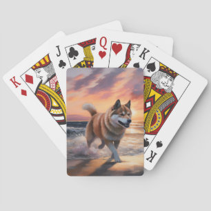 Sandy Paws Akita Dog on Beach Sunset Poker Cards