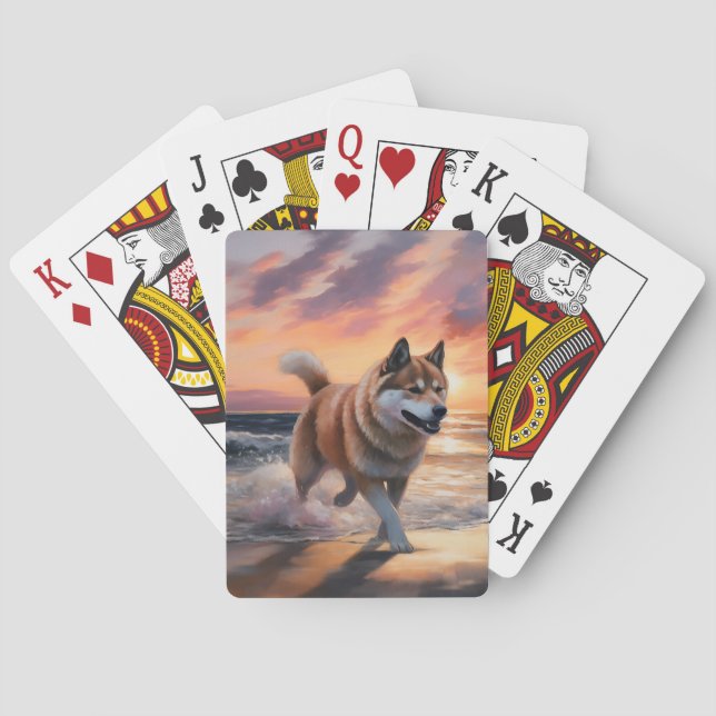 Sandy Paws Akita Dog on Beach Sunset Poker Cards (Back)