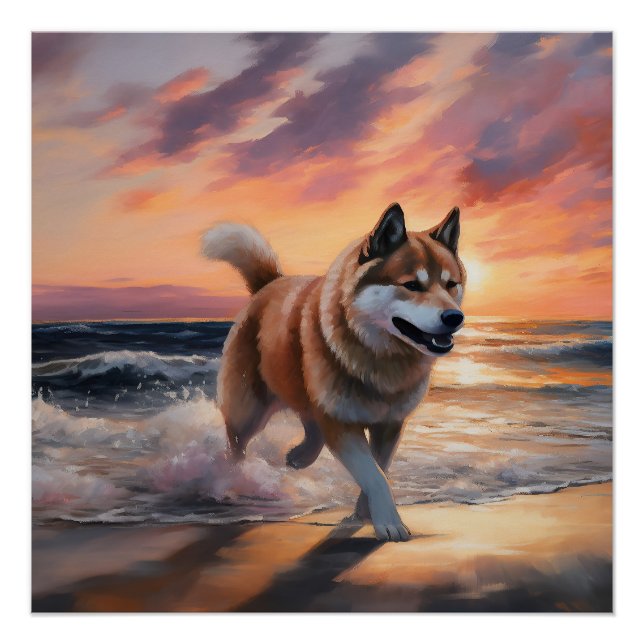 Sandy Paws Akita Dog on Beach Sunset Poster (Front)