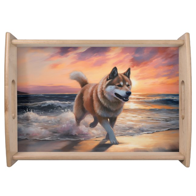 Sandy Paws Akita Dog on Beach Sunset Serving Tray (Front)
