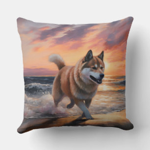 Sandy Paws Akita Dog on Beach Sunset Throw Pillow