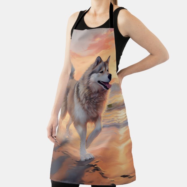 Sandy Paws Alaskan Malamute Dog on Beach Sunset Apron (Insitu)