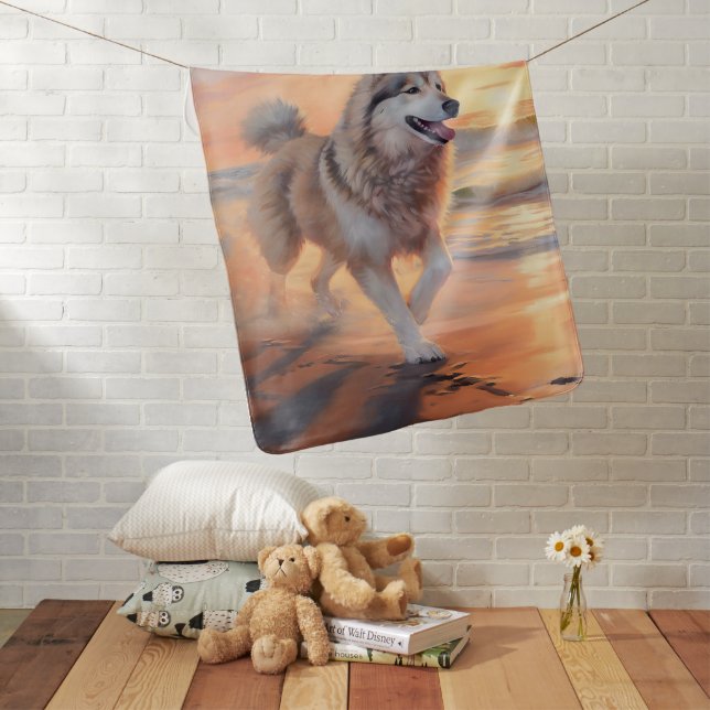 Sandy Paws Alaskan Malamute Dog on Beach Sunset Baby Blanket (In Situ)