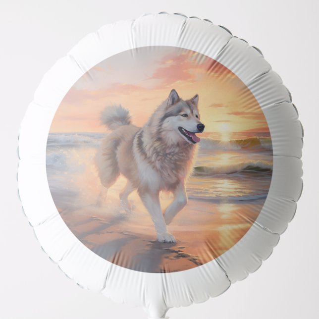 Sandy Paws Alaskan Malamute Dog on Beach Sunset Balloon (Front)