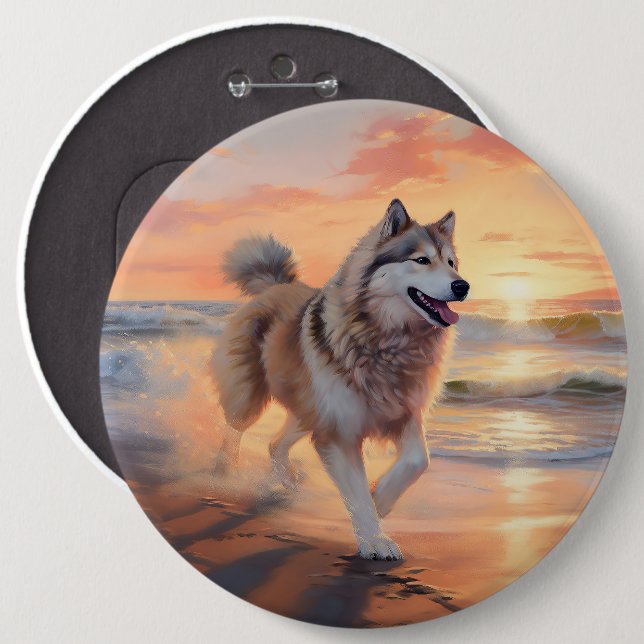 Sandy Paws Alaskan Malamute Dog on Beach Sunset Button (Front & Back)