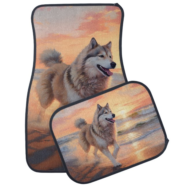 Sandy Paws Alaskan Malamute Dog on Beach Sunset Car Floor Mat (Set)