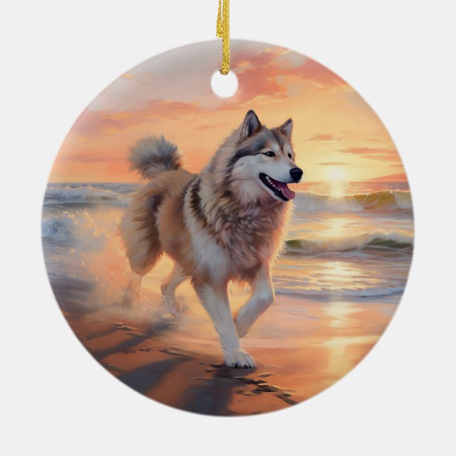 Sandy Paws Alaskan Malamute Dog on Beach Sunset Ceramic Ornament (Back)