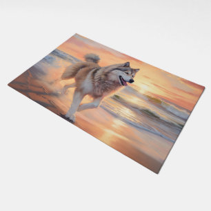 Sandy Paws Alaskan Malamute Dog on Beach Sunset Doormat