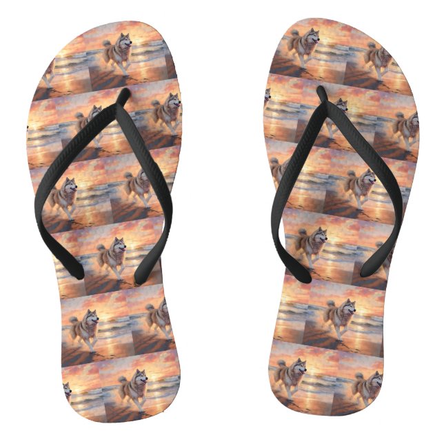 Sandy Paws Alaskan Malamute Dog on Beach Sunset Flip Flops (Footbed)