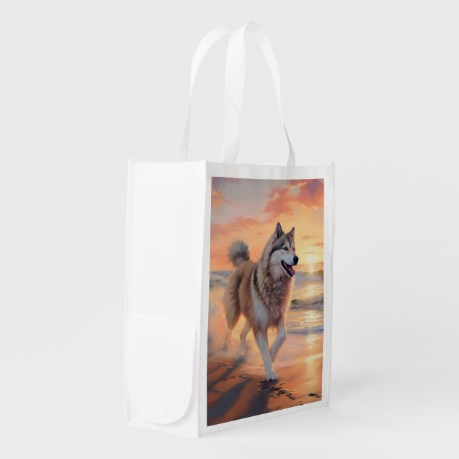 Sandy Paws Alaskan Malamute Dog on Beach Sunset Grocery Bag (Front Side)