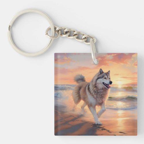 Sandy Paws Alaskan Malamute Dog on Beach Sunset Keychain