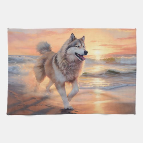 Sandy Paws Alaskan Malamute Dog on Beach Sunset Kitchen Towel