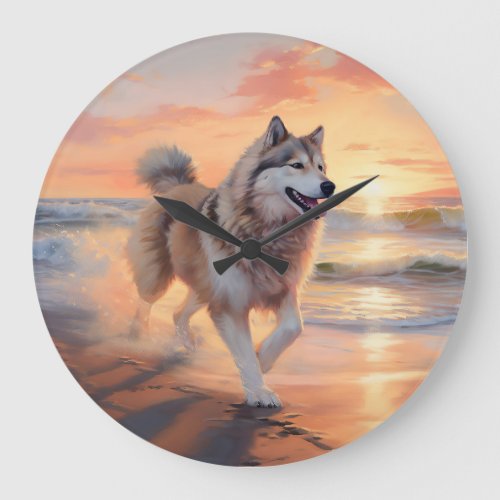 Sandy Paws Alaskan Malamute Dog on Beach Sunset Large Clock