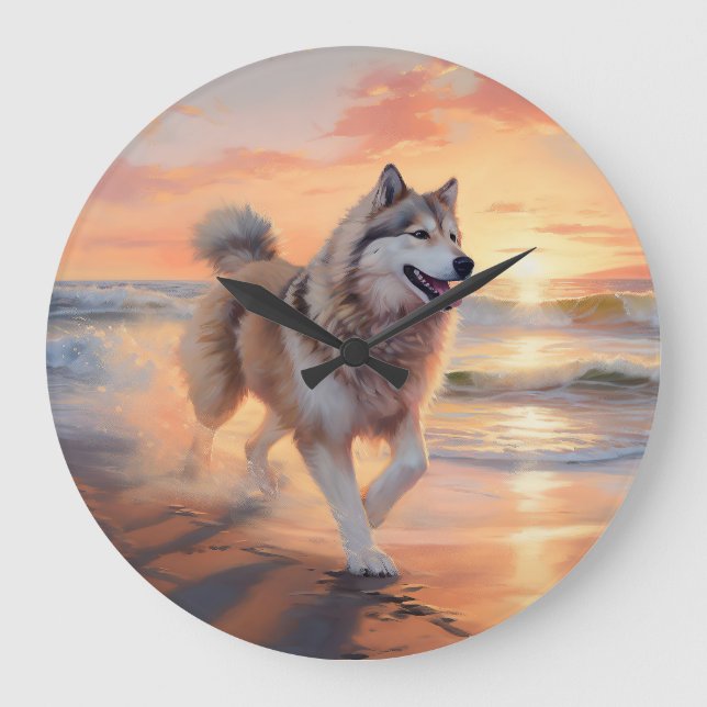 Sandy Paws Alaskan Malamute Dog on Beach Sunset Large Clock (Front)