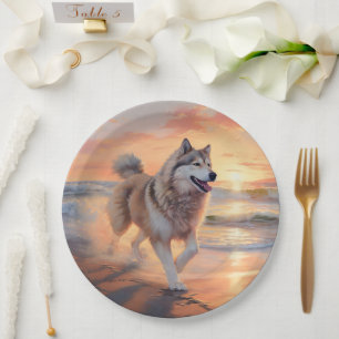 Sandy Paws Alaskan Malamute Dog on Beach Sunset Paper Plates