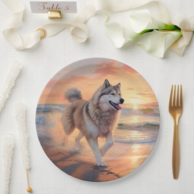 Sandy Paws Alaskan Malamute Dog on Beach Sunset Paper Plates (Wedding)