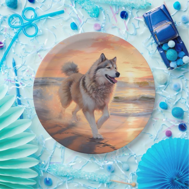 Sandy Paws Alaskan Malamute Dog on Beach Sunset Paper Plates (Party)