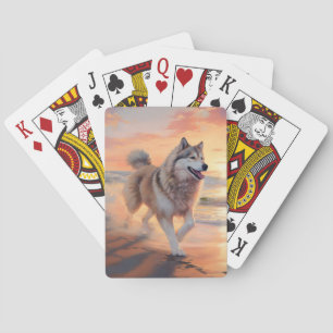 Sandy Paws Alaskan Malamute Dog on Beach Sunset Poker Cards