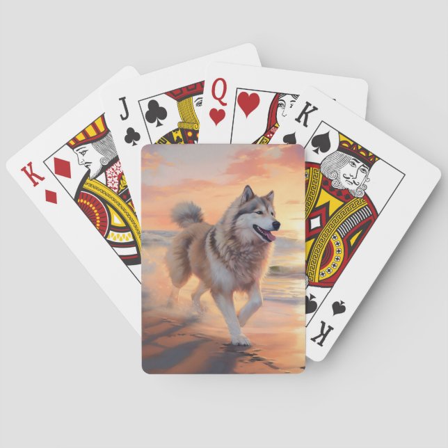 Sandy Paws Alaskan Malamute Dog on Beach Sunset Poker Cards (Back)