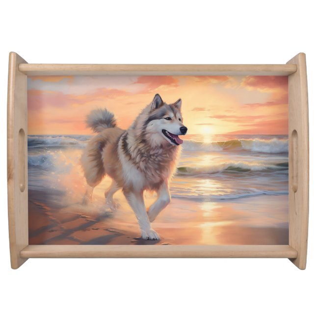 Sandy Paws Alaskan Malamute Dog on Beach Sunset Serving Tray (Front)