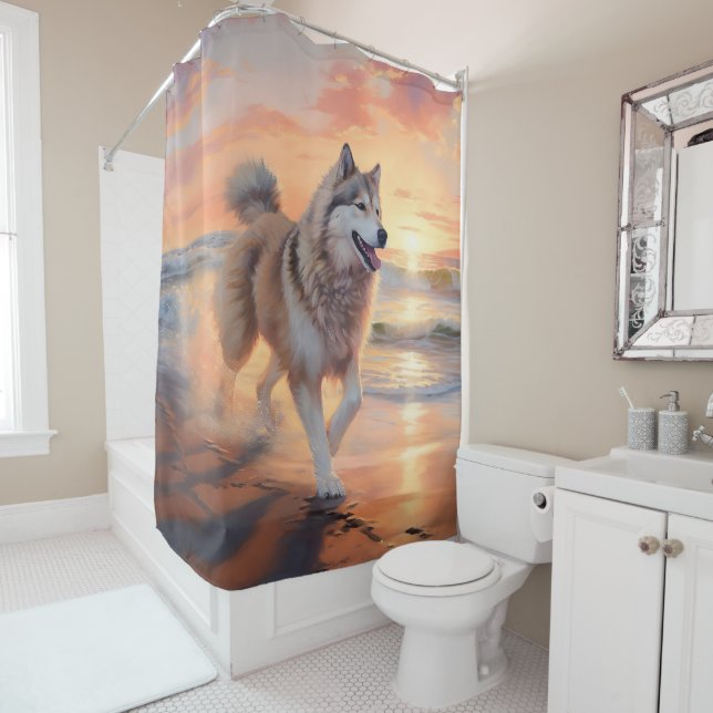 Sandy Paws Alaskan Malamute Dog on Beach Sunset Shower Curtain (In Situ)
