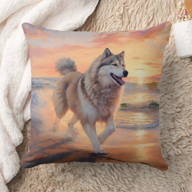 Sandy Paws Alaskan Malamute Dog on Beach Sunset Throw Pillow (Blanket)