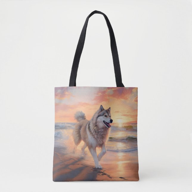 Sandy Paws Alaskan Malamute Dog on Beach Sunset Tote Bag (Front)