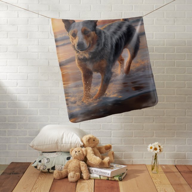 Sandy Paws Australian Cattle Dog on Beach Sunset Baby Blanket (In Situ)