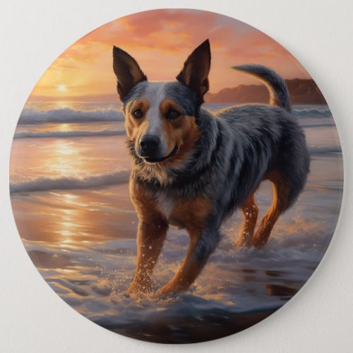 Sandy Paws Australian Cattle Dog on Beach Sunset Button