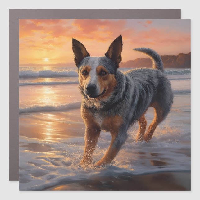 Sandy Paws Australian Cattle Dog on Beach Sunset Car Magnet (Front)